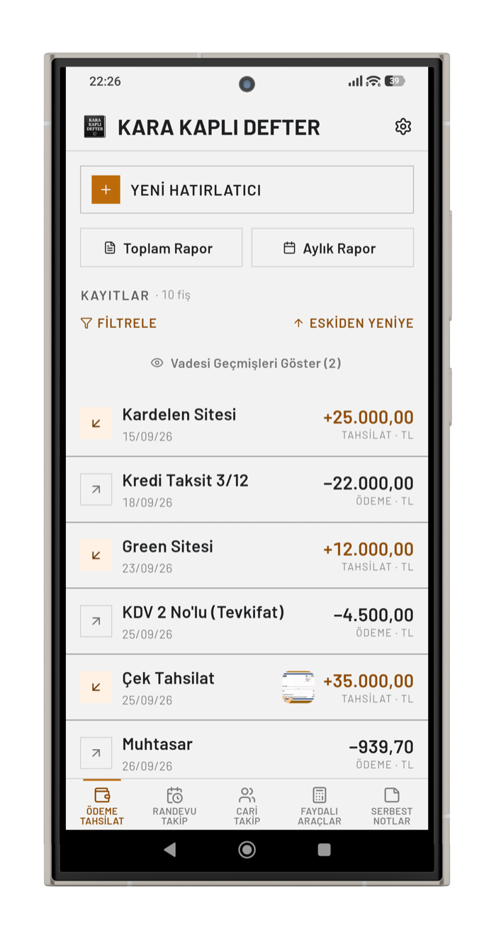 Kara Kaplı Defter — ödeme ve tahsilat ekranı