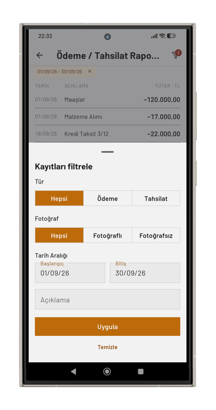 Ödeme/Tahsilat raporu ve filtre